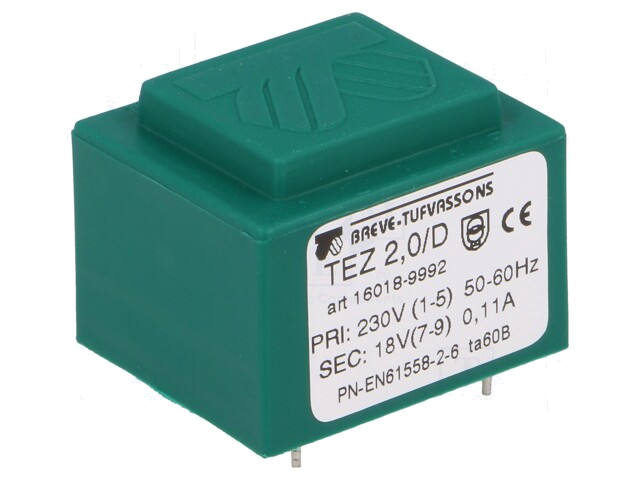 Transformator: ingegoten; 2VA; 230VAC; 18V; 111,1mA; PCB; IP00; TEZ Transformator: ingegoten; 2VA; 230VAC; 18V; 111,1mA; PCB; IP00; TEZ